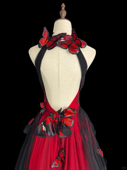 formaldressy-Red black gradient retro fashion butterfly fairy exquisite long backless evening dress tulle prom dress gh5355