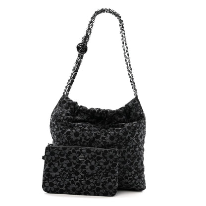 Denim Quilted Floral Print Small Chanel 22 Black