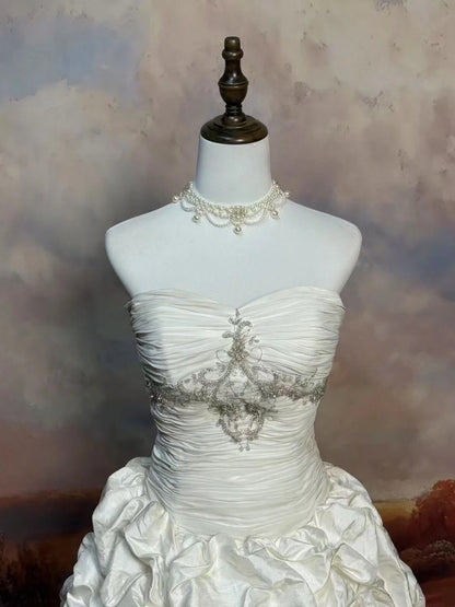 formaldressy-White, Delicately Beaded Long Satin Wedding Dress gh6291
