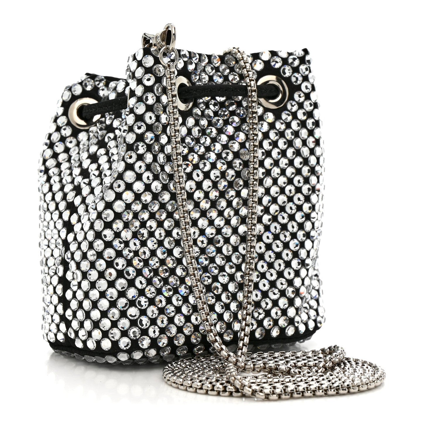 Satin Crystal Metal Triangle Logo Mini Drawcord Pouch Shoulder Bag Crystal