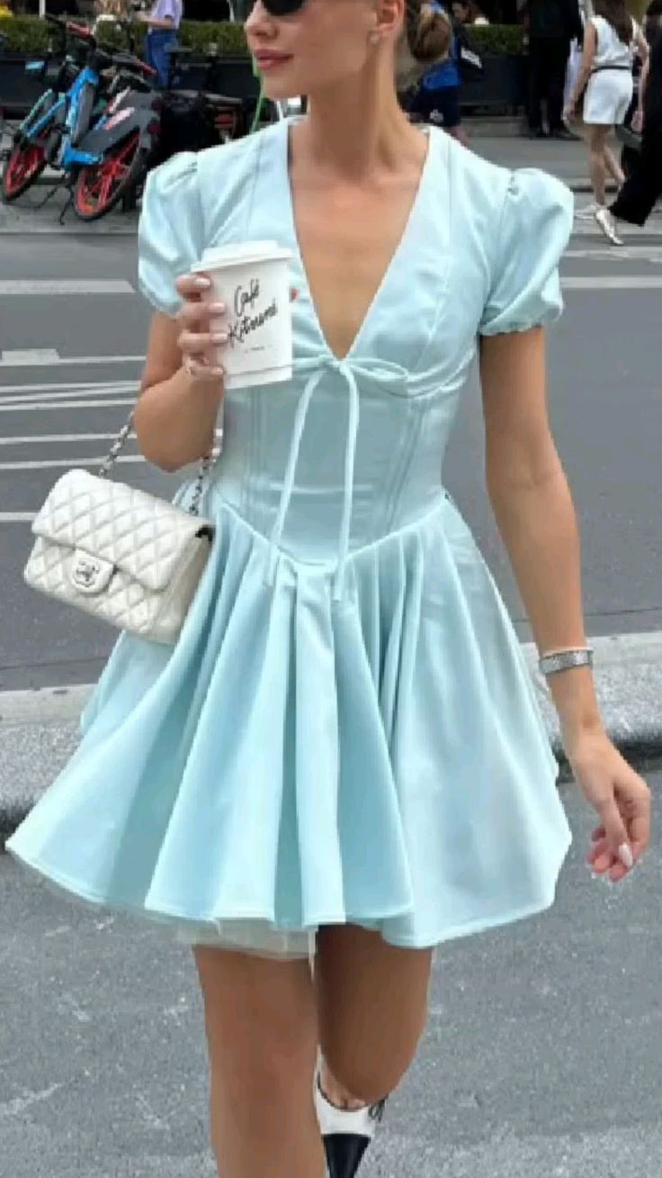 formaldressy-Blue Sweet Fashion V-Neck Short Satin Homecoming Dress Birthday Party Dress gh5249