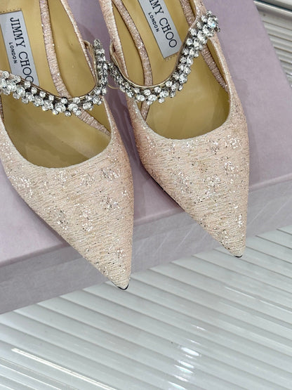 Jimmy Choo Classic Diamond Chain Point Toe High Heels Champagne Glitter Sheepskin 573546