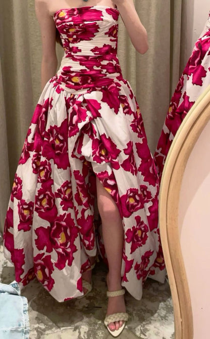 formaldressy-Red Floral Long Satin Chiffon Ball Gown Graduation Dress gh5928