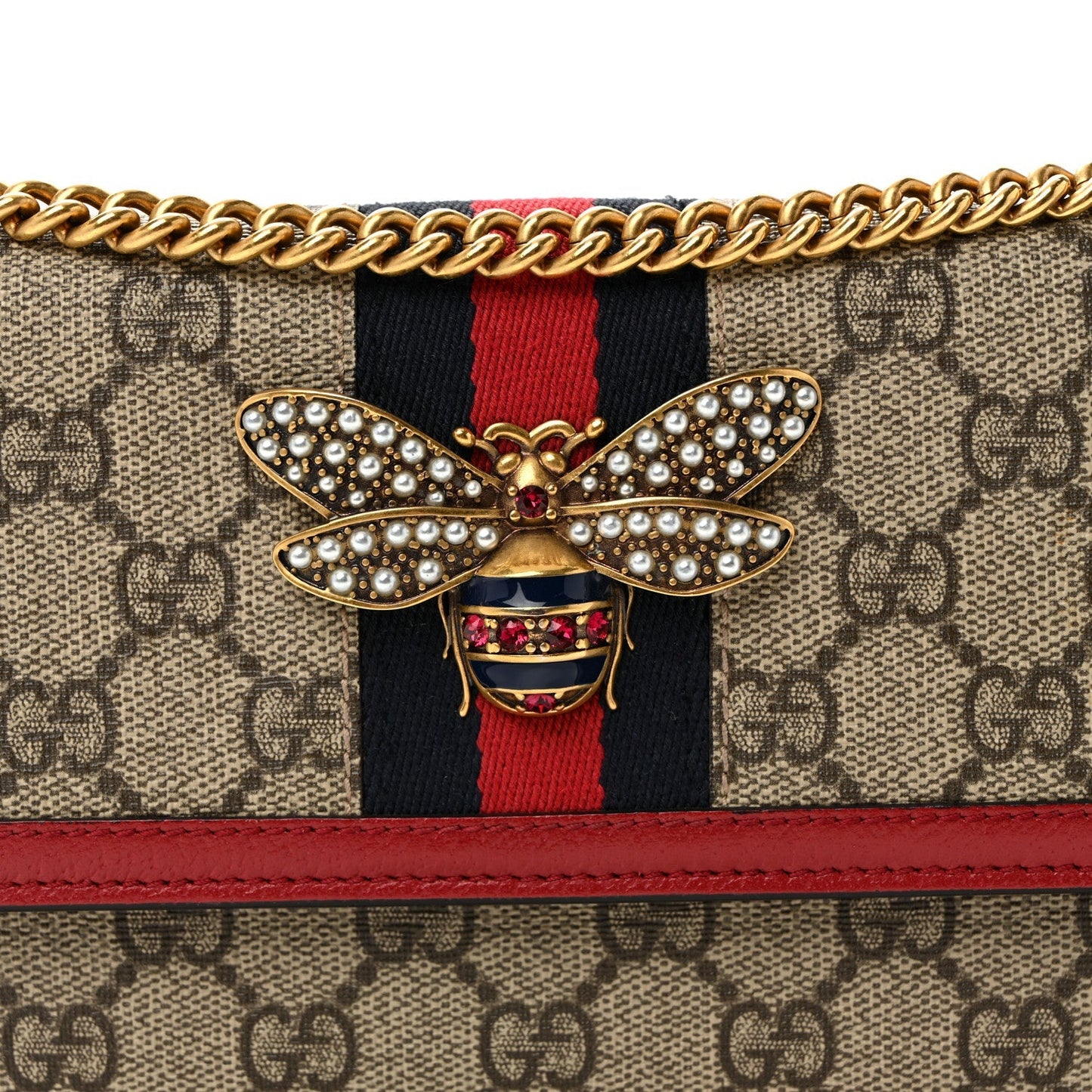 GG Supreme Monogram Web Queen Margaret Chain Wallet Red