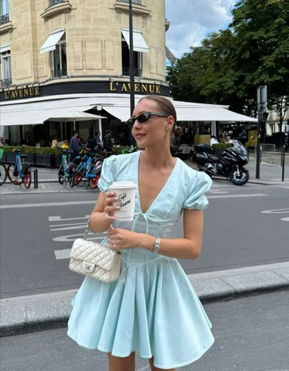 formaldressy-Light blue fashionable V-neck A-line puff sleeve short satin homecoming dress birthday dress gh5289