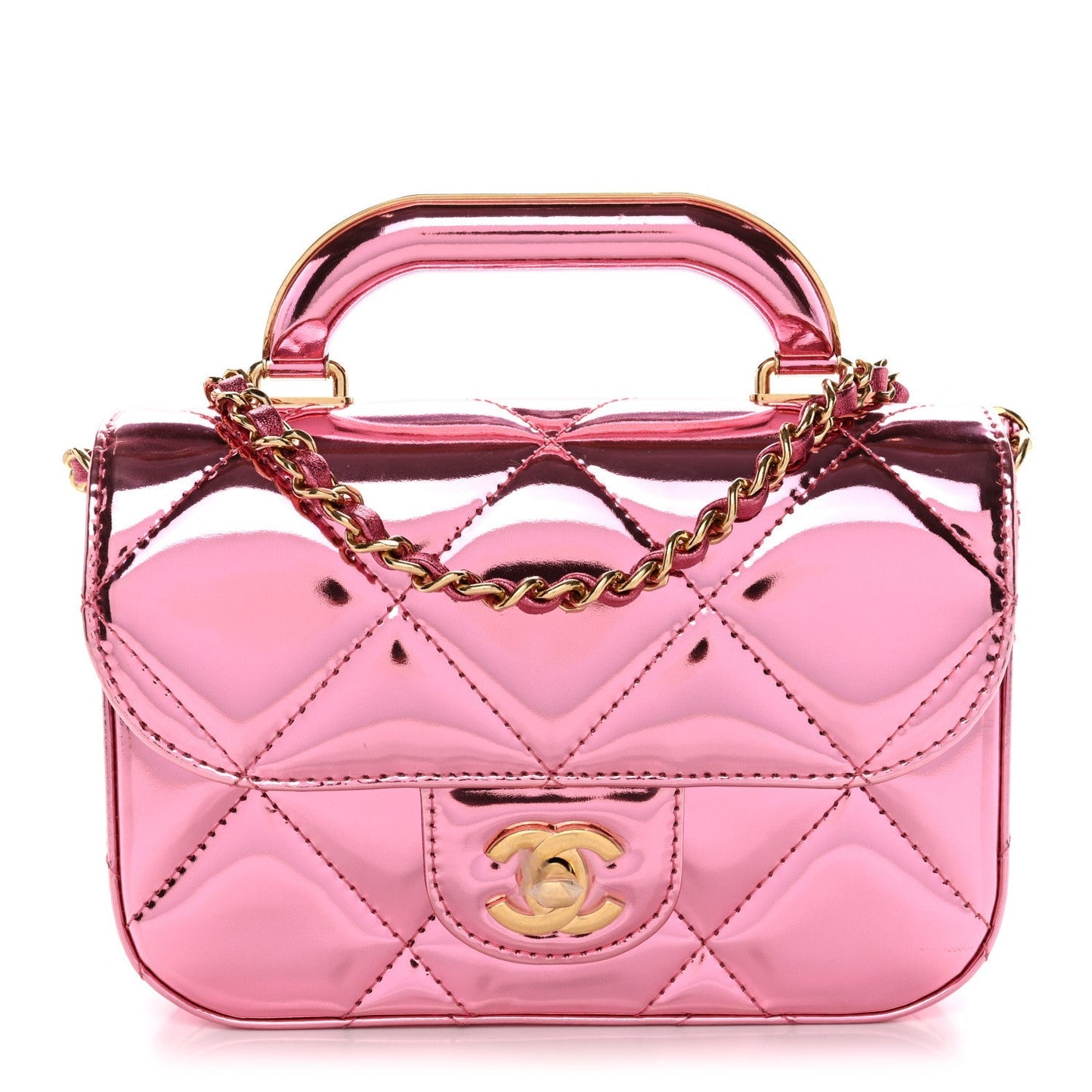 Mirror Metallic Calfskin Quilted Mini Top Handle Flap Pink