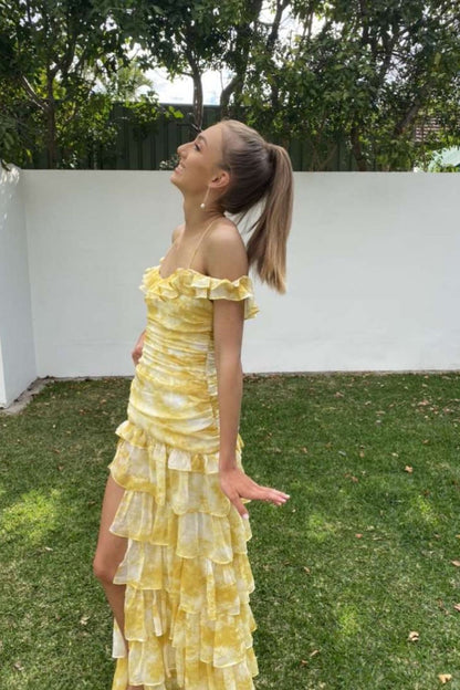 formaldressy-Yellow sexy elegant floral ruffle long chiffon garden party dress wedding guest gown gh5205