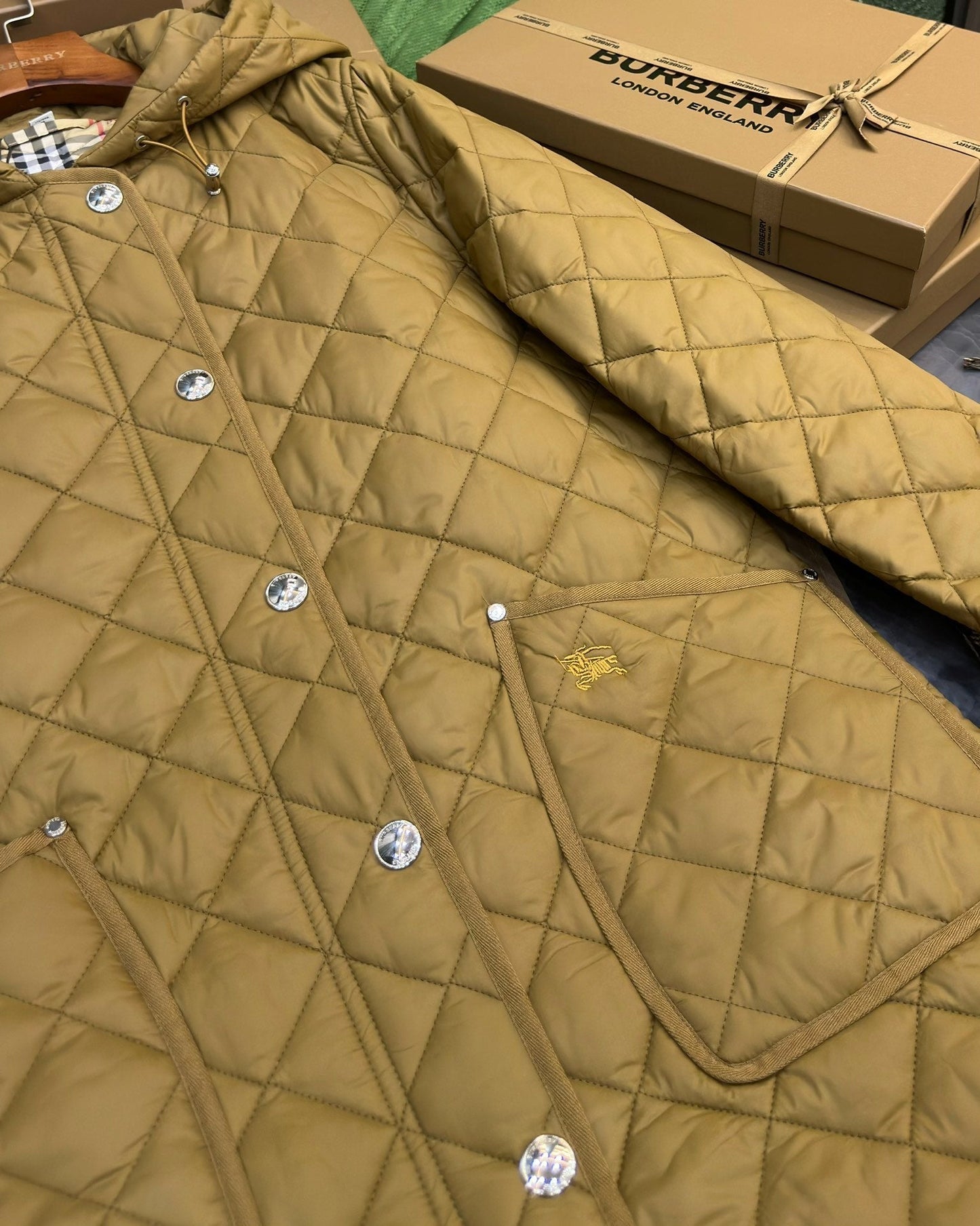 Burberry 25 Quilted Hooded Long Coat Yellow Polyester Cotton