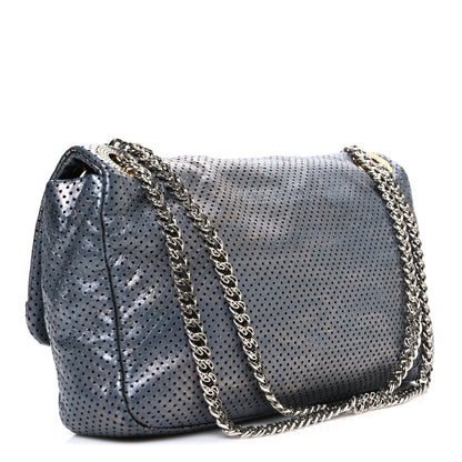 Metallic Crackled Calfskin Perforated Drill Flap Silver