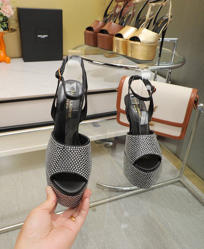 SL SUPER HIGH HEELS SANDAL BLACK SATIN-WHITE CRYSTAL