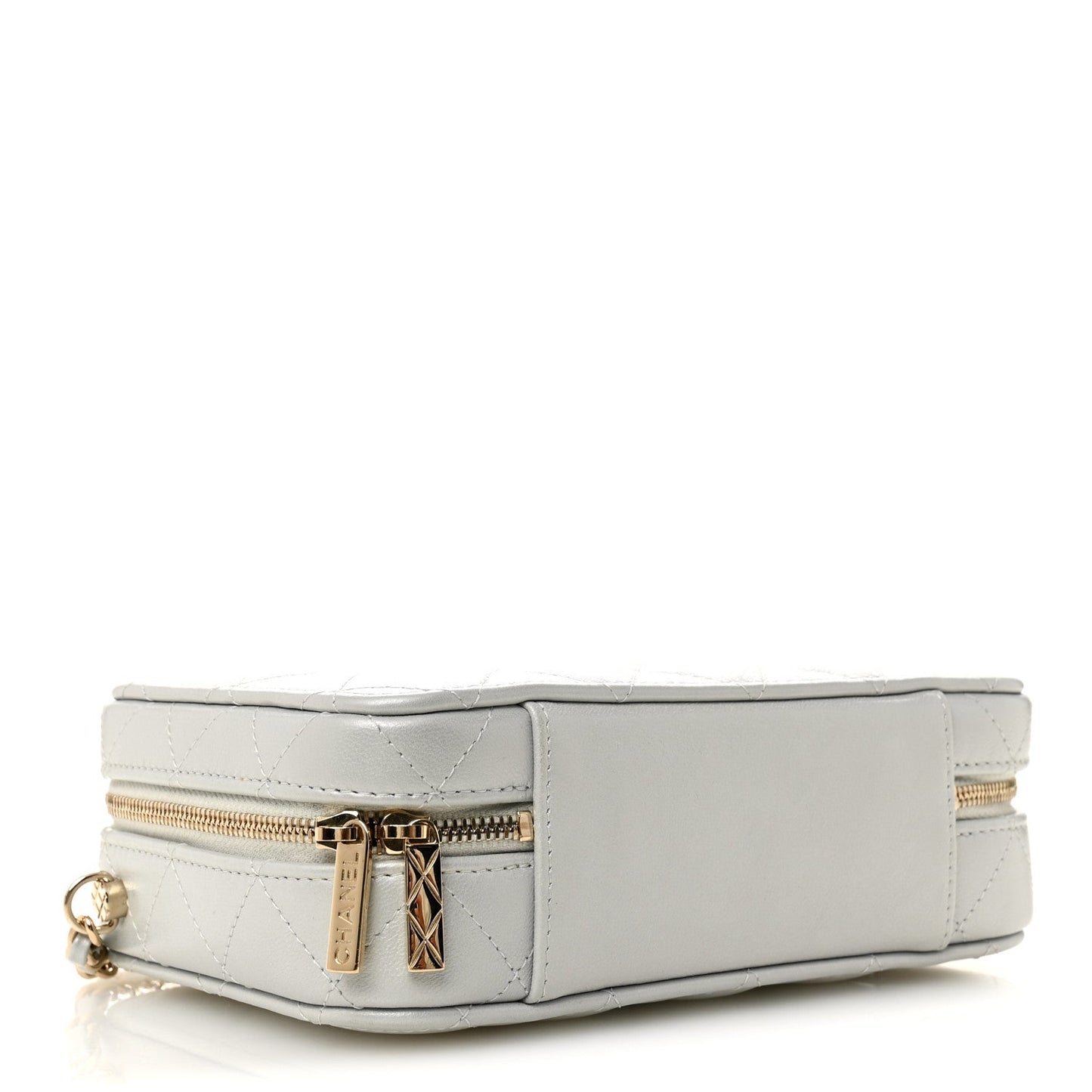 Metallic Lambskin Quilted Top Handle Vanity Case Silver