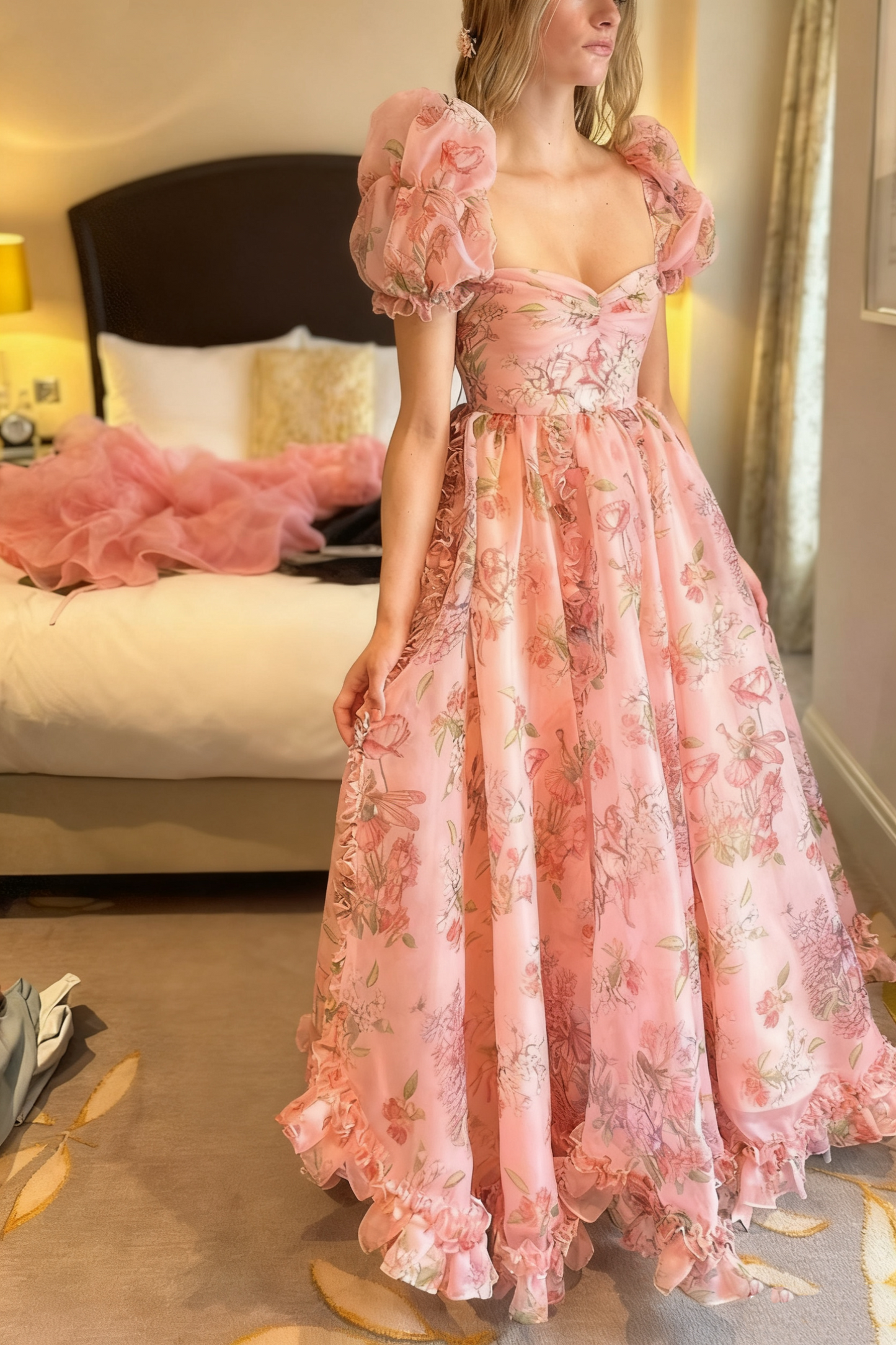 formaldressy-Pink Floral Short Sleeve Long Chiffon Prom Dress Date Dress gh5940