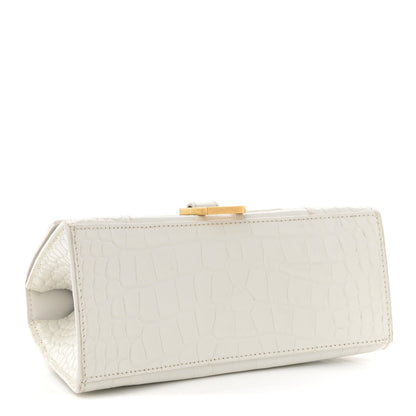 Calfskin Crocodile Embossed Small Hourglass Top Handle Bag White