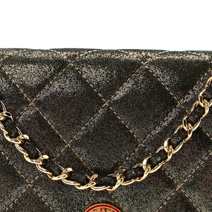 Iridescent Calfskin Quilted Tartan Button Wallet on Chain WOC Gold