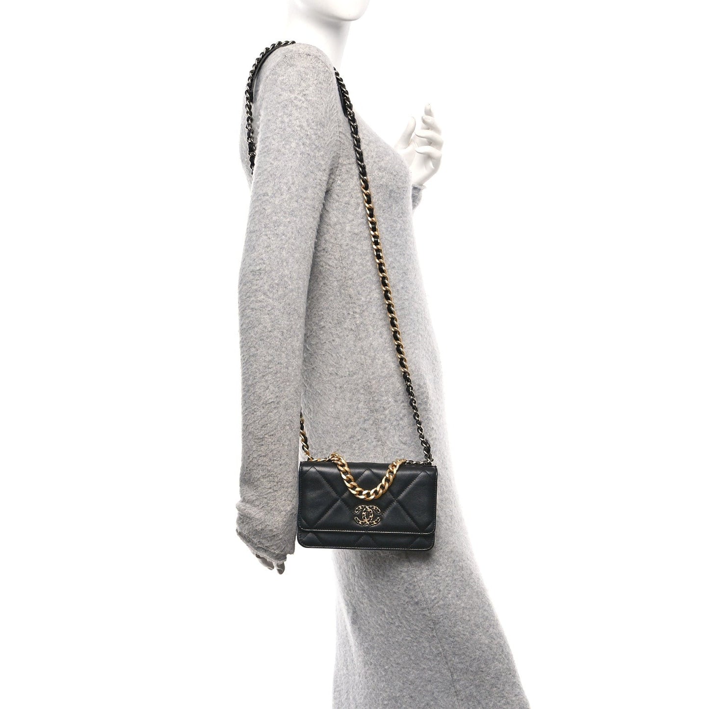 Lambskin Quilted Chanel 19 Wallet On Chain WOC Black