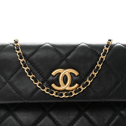 Calfskin Quilted Fold Over Clutch Black