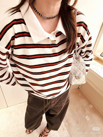 Chanel 26 Collared Color-Blocked Striped Polo White Red in Wool Blend 799250