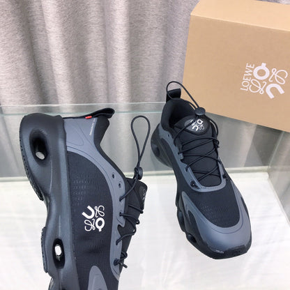 Loewe x on Angpao Couple Running Sneakers Black Gray Nylon Calfskin 597420