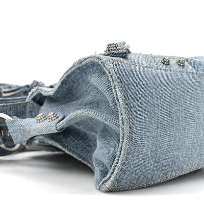Washed Frayed Denim Crystal Neo Cagole Handbag XS Blue