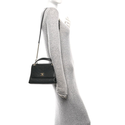 Grained Calfskin Chevron Stitched Small Chic Top Handle Flap Black