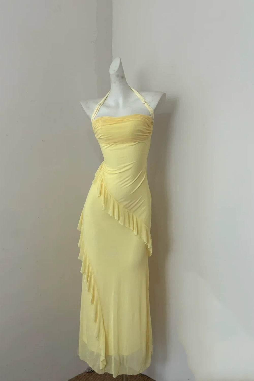 formaldressy--Yellow fashionable suspender long chiffon ruffle prom dress gh5472
