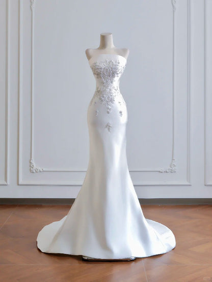 formaldressy--White exquisite beaded long satin prom wedding dress gh5483