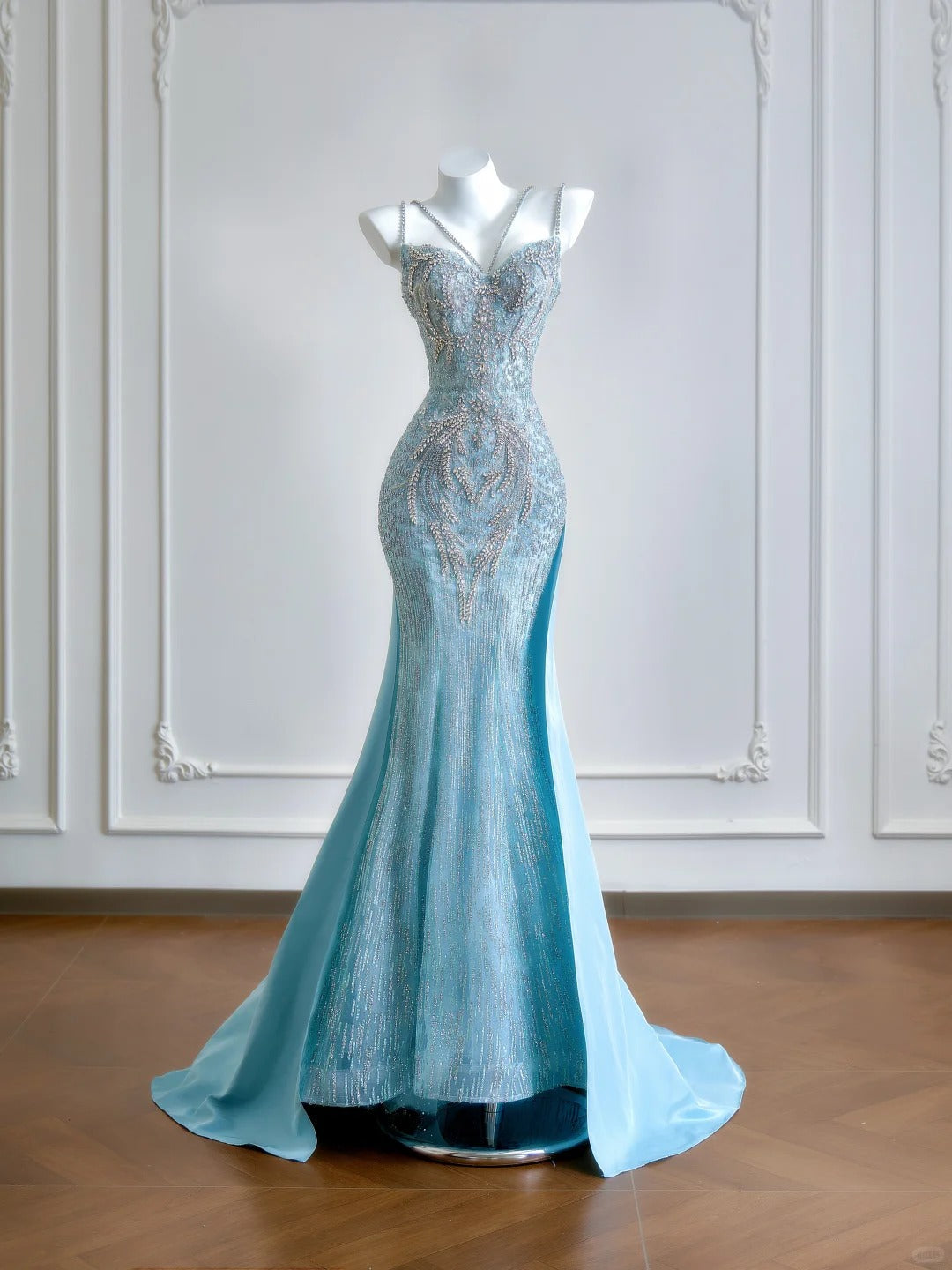 formaldressy--Aqua blue mermaid tail exquisite beaded long floor-length tulle prom dress gh5484