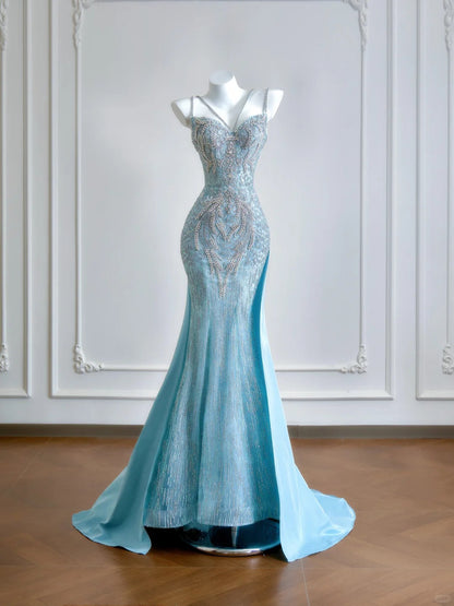 formaldressy--Aqua blue mermaid tail exquisite beaded long floor-length tulle prom dress gh5484