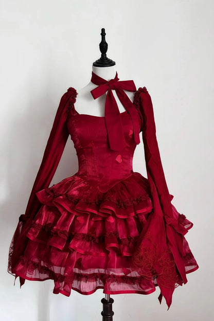 formaldressy-Long sleeve/sleeveless Vintage Wine Red Lolita Bow Lace Tiered Short Party Dress gh6031