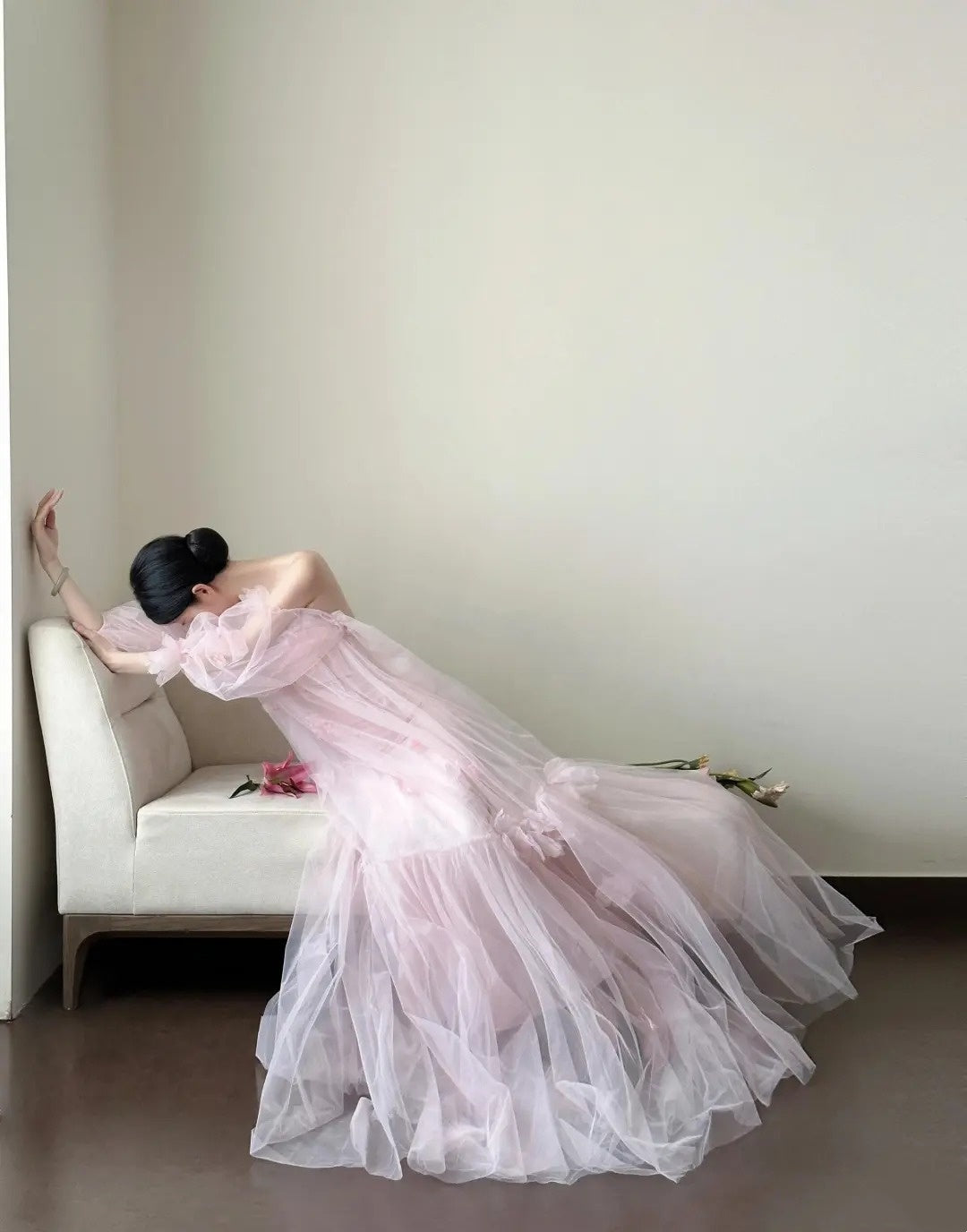 formaldressy- Vintage Pink Tulle Off-Shoulder Puff Sleeve Open-Back Long Forest-Style Evening Gown gh6092