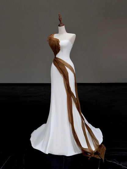 formaldressy -White simple brown ribbon long satin prom dress evening dress party dress gh5119