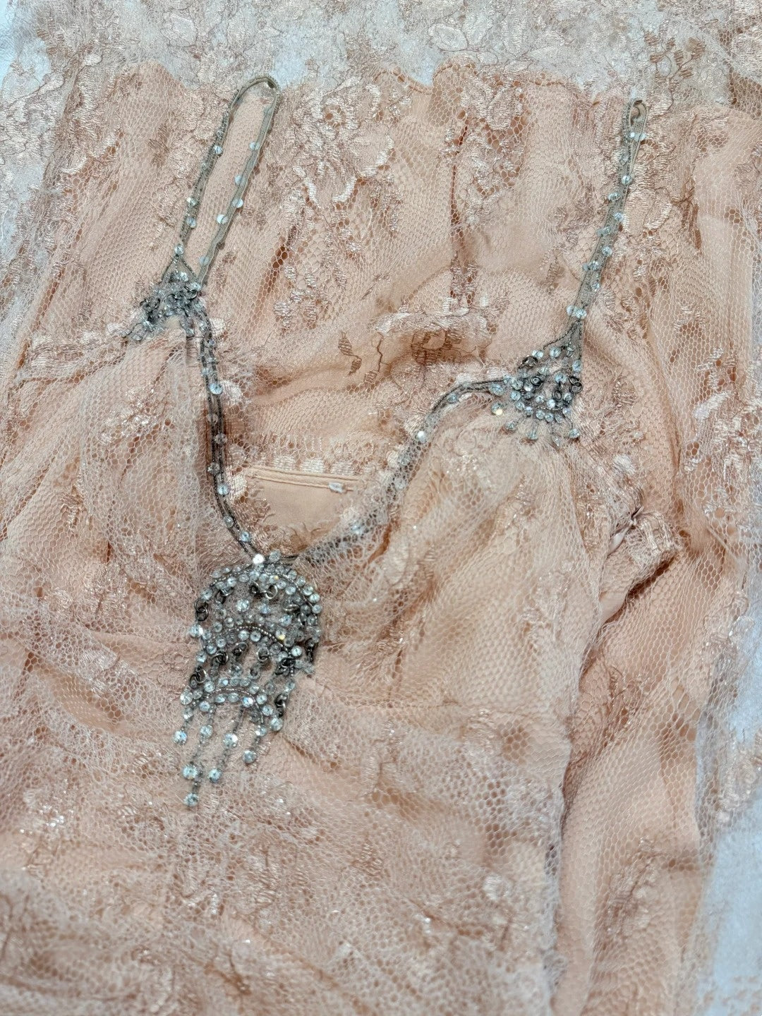 formaldressy-Nude Pink Lace Spaghetti Straps Midi Dress with Beading Detail gh6313