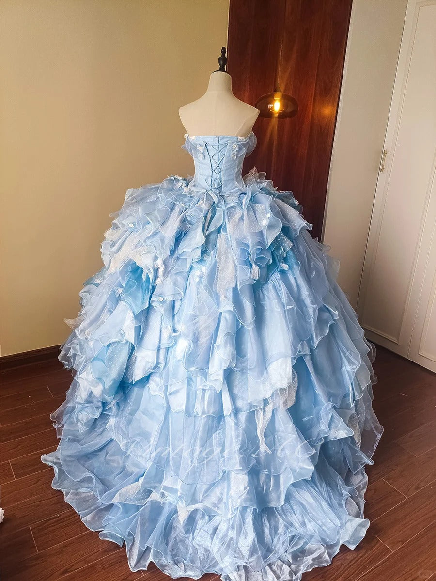 formaldressy-Blue Floral Tulle Floor-Length Ball Gown gh5299