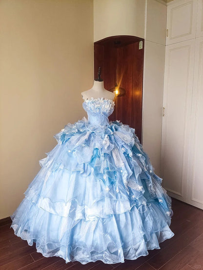 formaldressy-Blue Floral Tulle Floor-Length Ball Gown gh5299