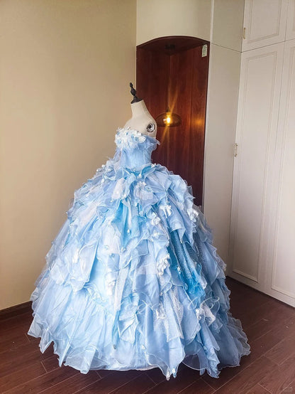 formaldressy-Blue Floral Tulle Floor-Length Ball Gown gh5299