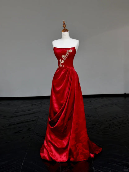 formaldressy -Red floral applique long satin prom dress evening gown party dress gh5113