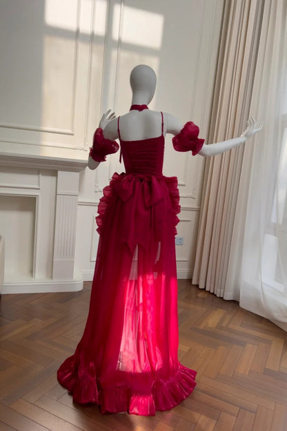formaldressy-Burgundy Satin Spaghetti-Strap Puff-Sleeve Train Gown  gh6383