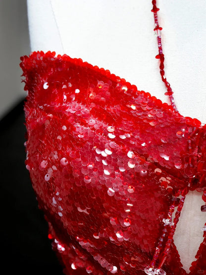 formaldressy-Red sexy suspenders elegant long sequined prom dress evening dress party dress gh5123