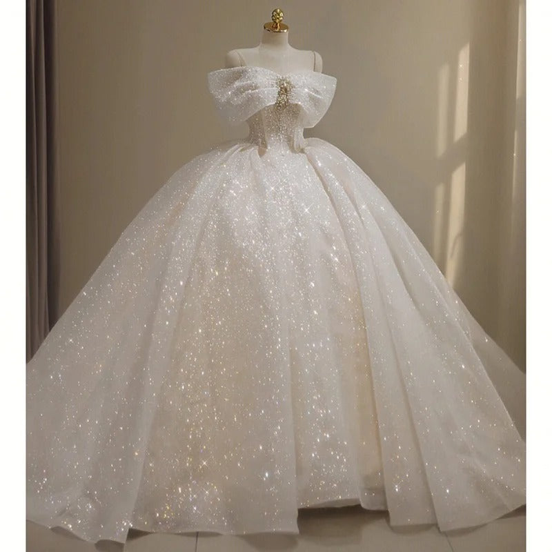 formaldressy-White Sparkling Gorgeous Off Shoulder Bow Starry Bead Decoration and Ground Formal Ball Dress Lace Dress Exquisite Wedding Dress gh5312