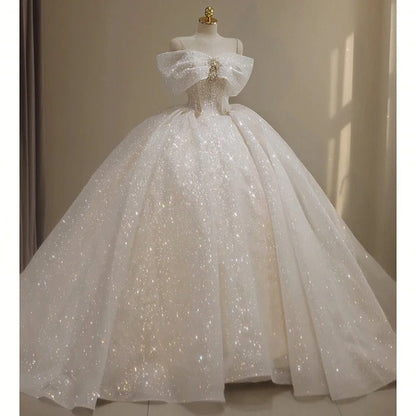 formaldressy-White Sparkling Gorgeous Off Shoulder Bow Starry Bead Decoration and Ground Formal Ball Dress Lace Dress Exquisite Wedding Dress gh5312