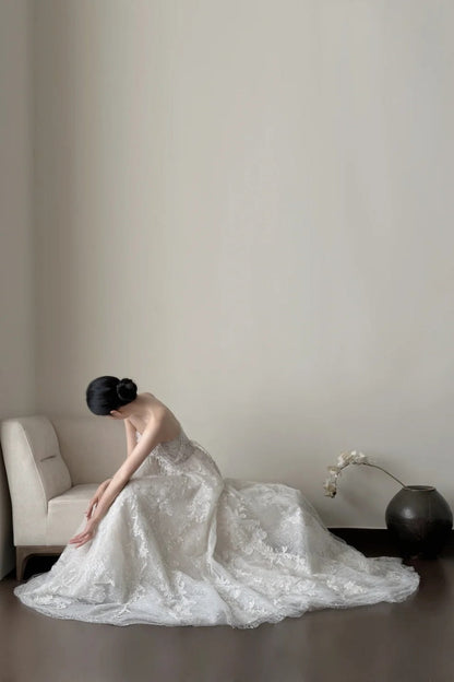 formaldressy- Vintage White Beaded Embroidery Strapless Long Train Court Style Wedding Gown gh6096
