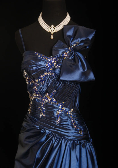 formaldressy-Navy Blue Satin Spaghetti Straps Floor-Length Sequin Beaded Big Bow Evening Gown gh6305