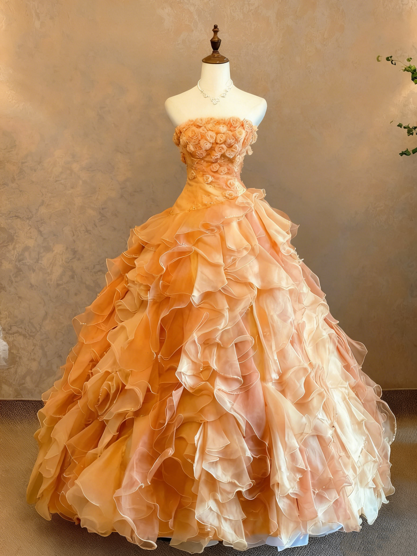 formaldressy-Orange-Pink Gradient Tulle Strapless 3D Flower-Embellished Floor-Length Court-Style Gown gh6363