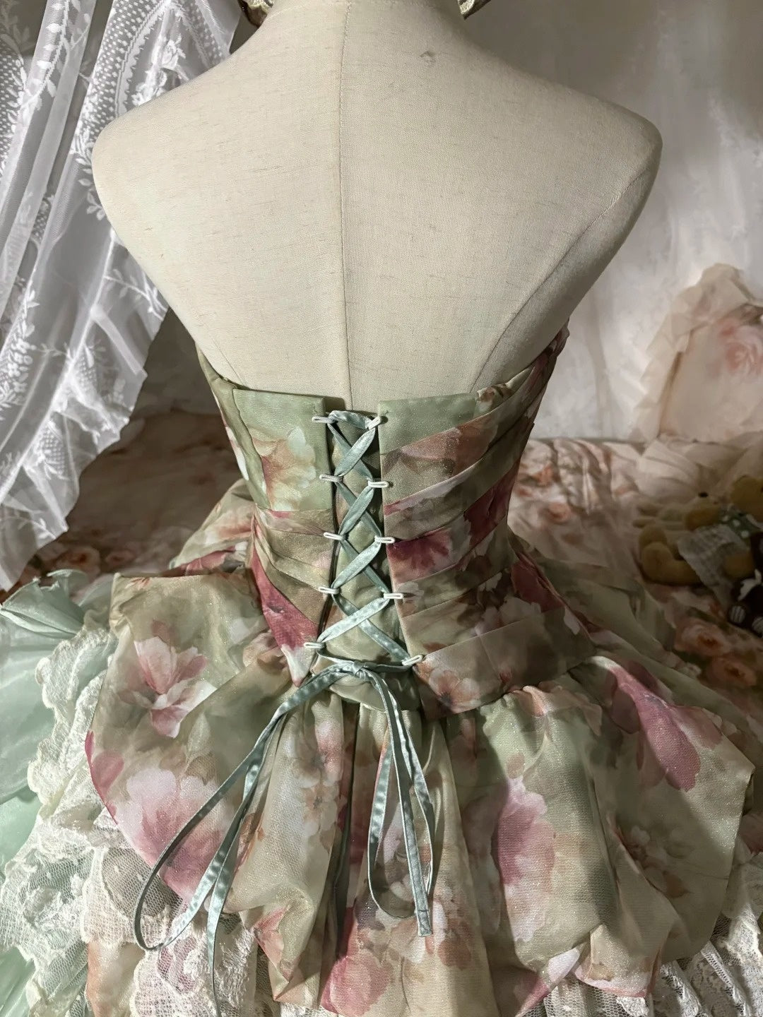 formaldressy-Forest Fairy Tale Styleï¼_atercolor Floral Tulle & Lace - Paneled Strapless Train - Bearing Evening Dress gh5896