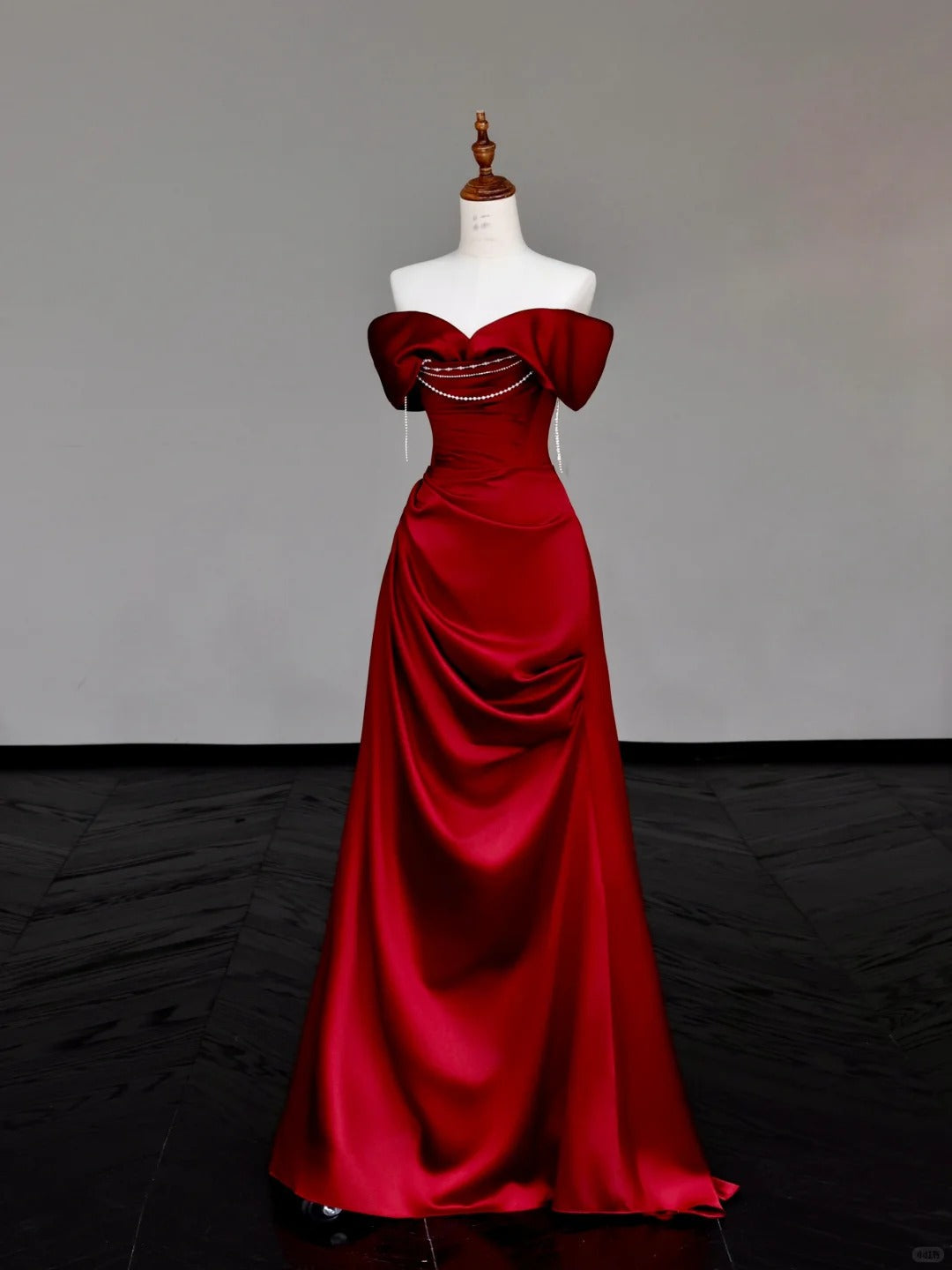 formaldressy -Red pearl beaded long satin prom dress evening dress party dress gh5114