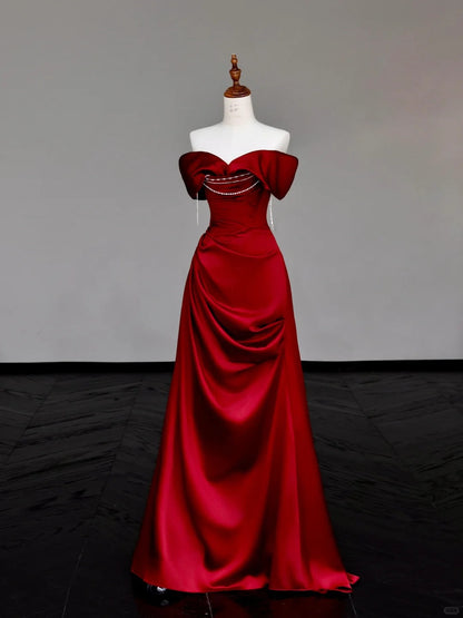 formaldressy -Red pearl beaded long satin prom dress evening dress party dress gh5114
