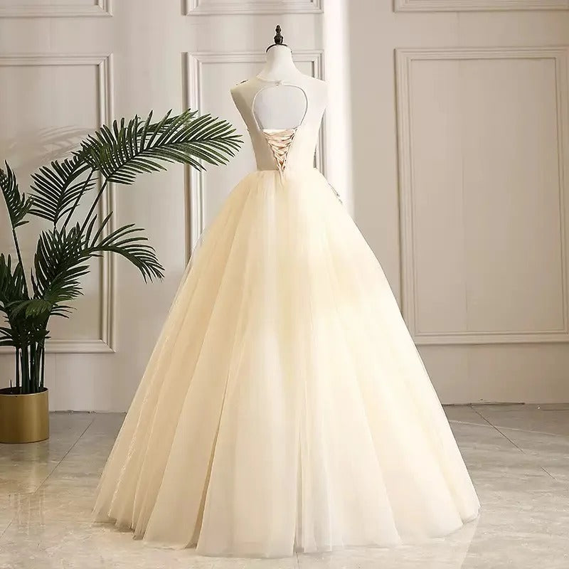 formaldressy-Champagne shimmering gold gorgeous floral bead decoration and formal ball dress with lace up, stunning wedding dress gh5311