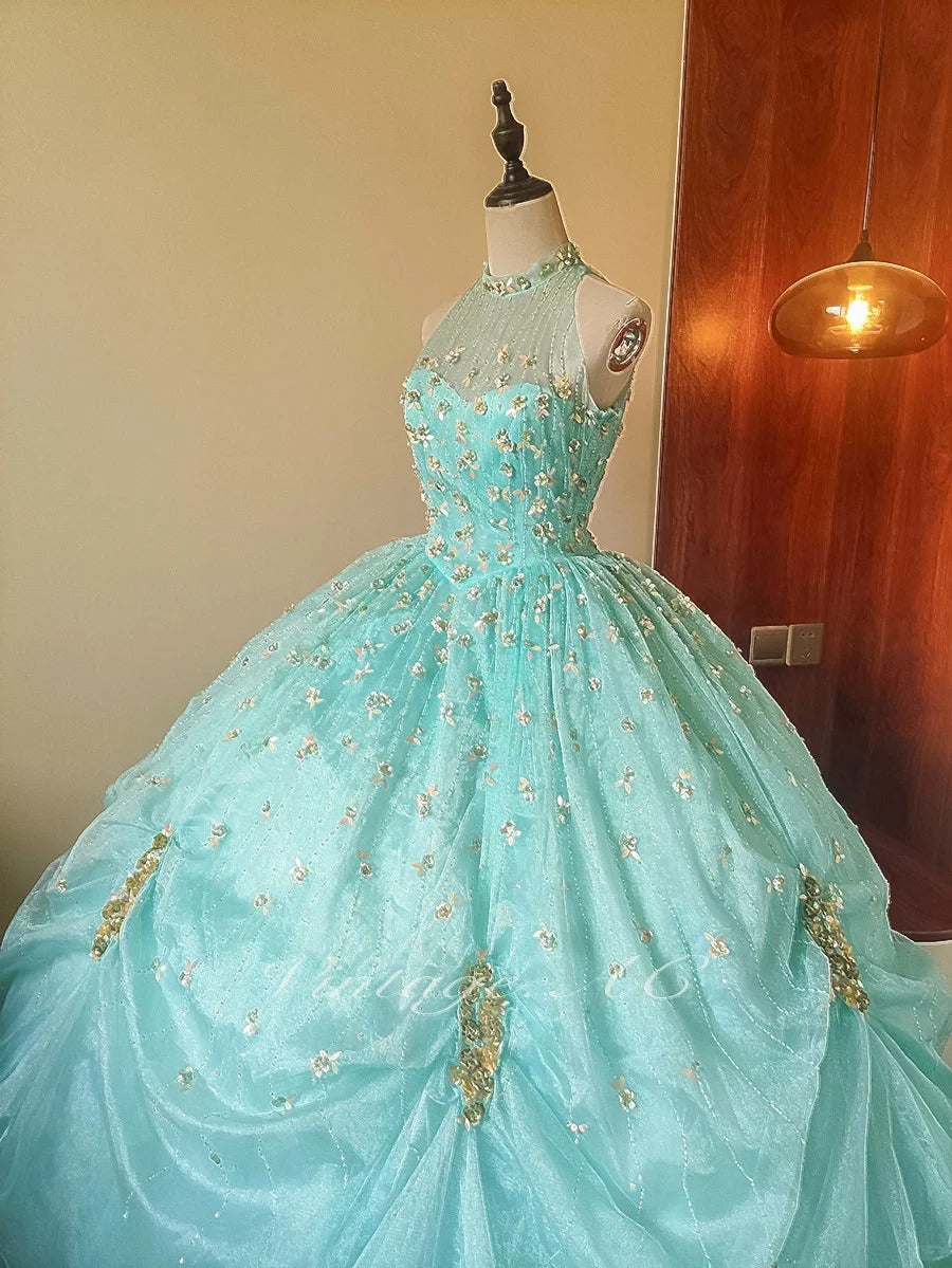 formaldressy-Mint Green Glitter Beaded Floral Long Tulle Floor-Length Ball Gown gh5300