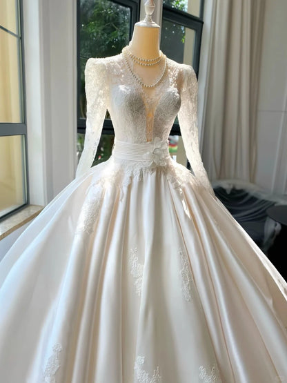 formaldressy--__White long-sleeved exquisite lace long tulle wedding dress gh5444