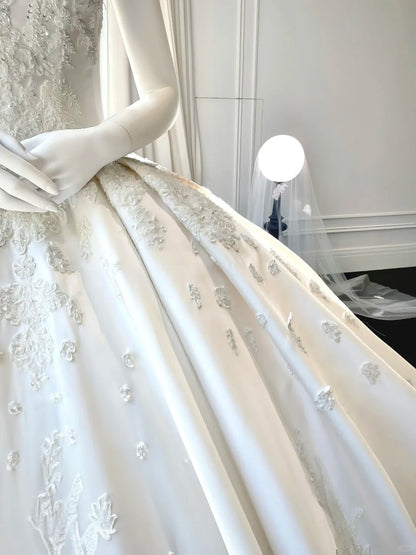 formaldressy--__White wedding dress with floral and delicate beaded appliques, simple long satin wedding dress gh5443